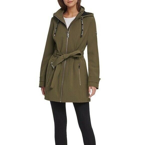 DKNY Juniper Green Hooded Belted Water Resistant Raincoat Womens Extra Small NWT - Picture 1 of 9